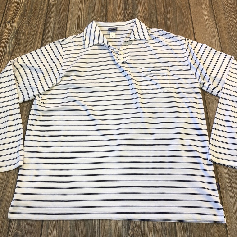 Patagonia White & Navy Stripe V-Neck Long Sleeve